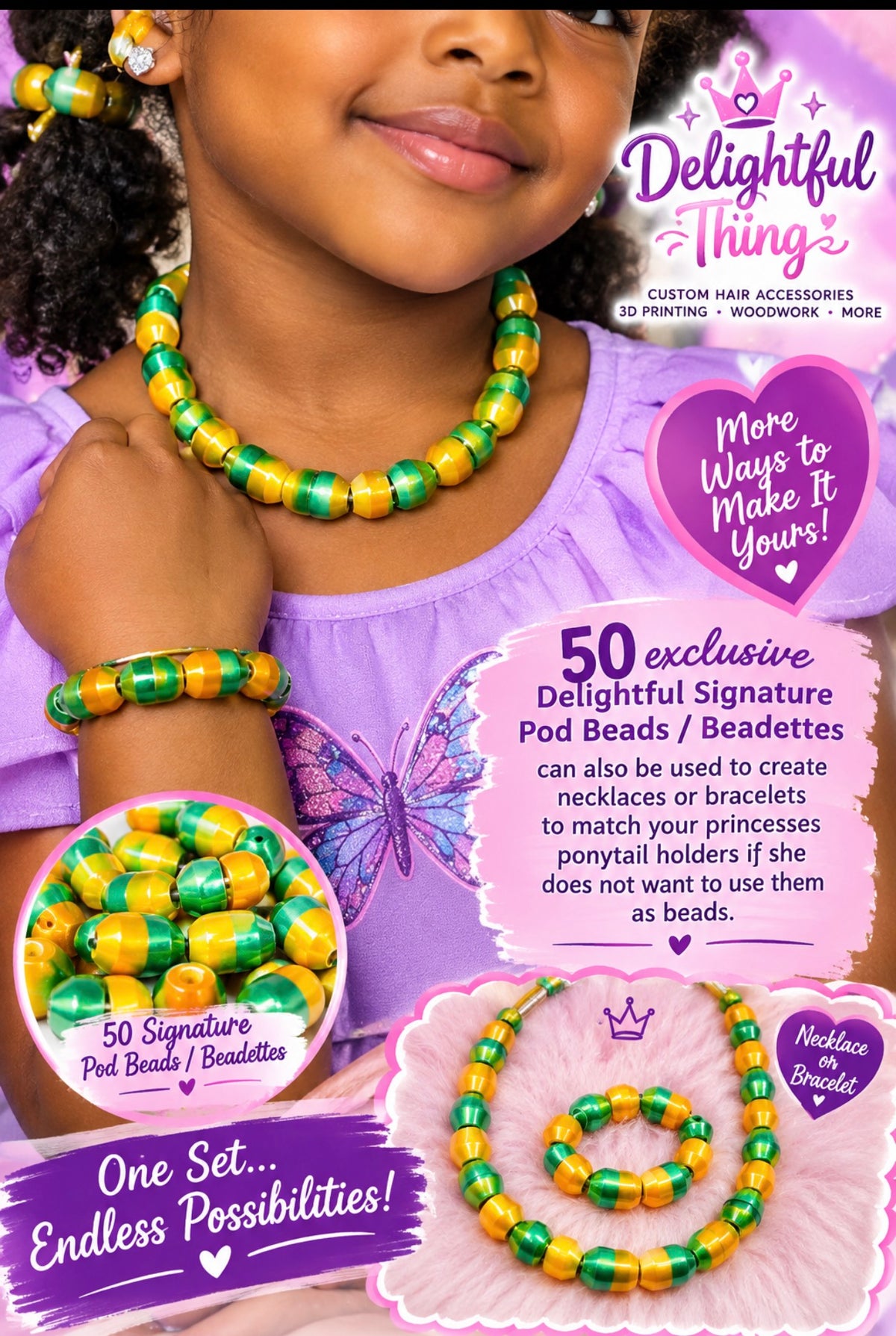 6.small pop loop ponytail holder, beadette set.
