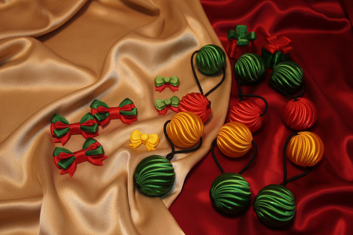 Small swirl drop ponytail holders (green, red, gold, holiday mix)