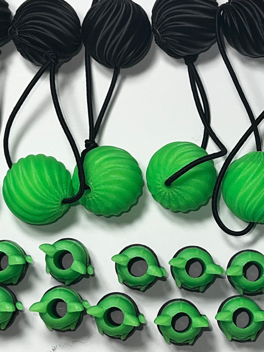 glow sm. Delightful swirl drop 3-D ponytail holders with matching beadettes.