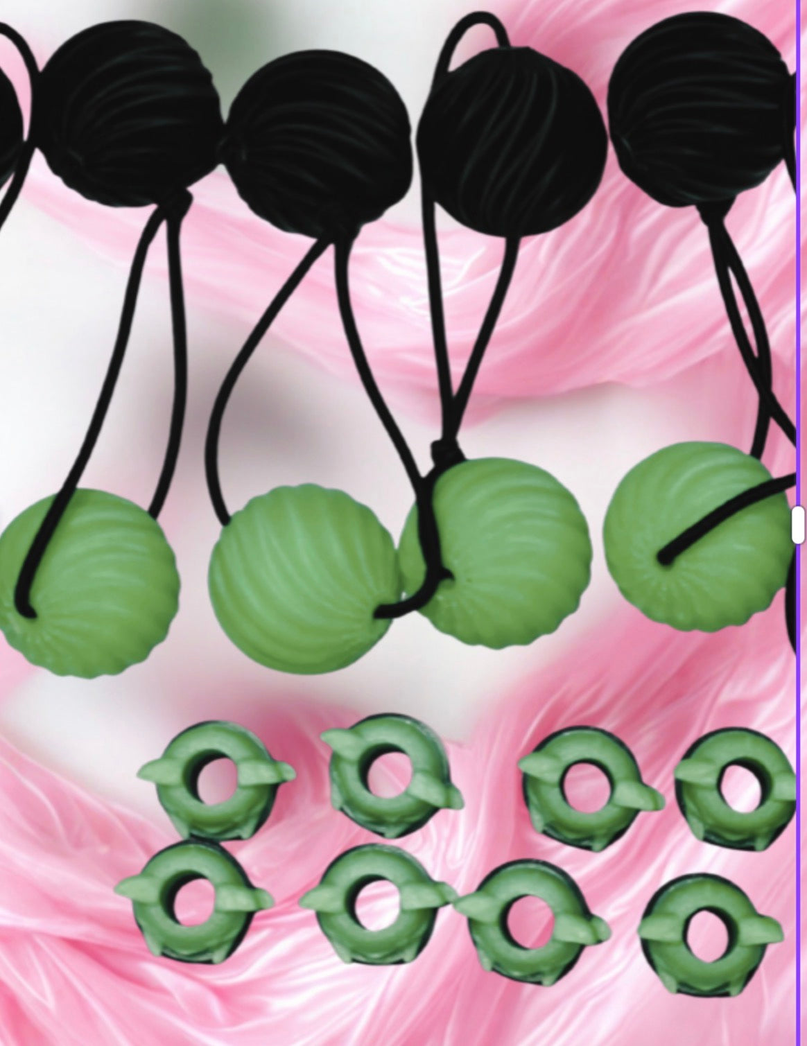 glow sm. Delightful swirl drop 3-D ponytail holders with matching beadettes.