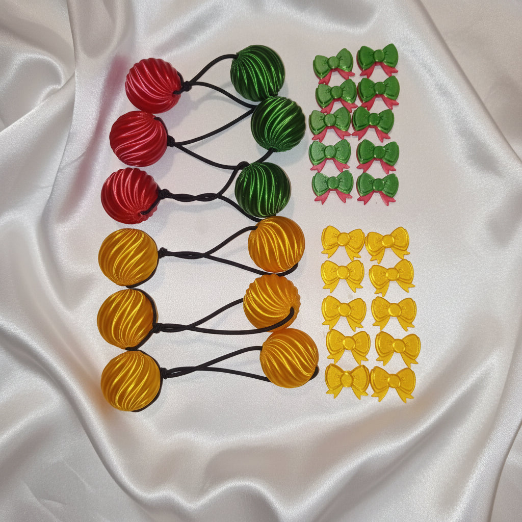 Small. swirl drop ponytail holder Beadette set (gold, green, red)