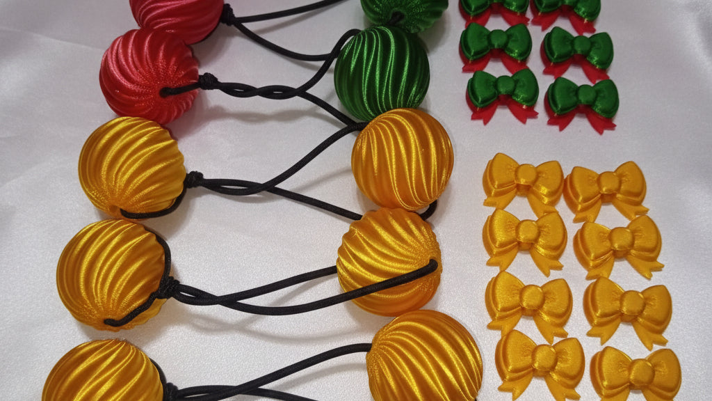 Small. swirl drop ponytail holder Beadette set (gold, green, red)