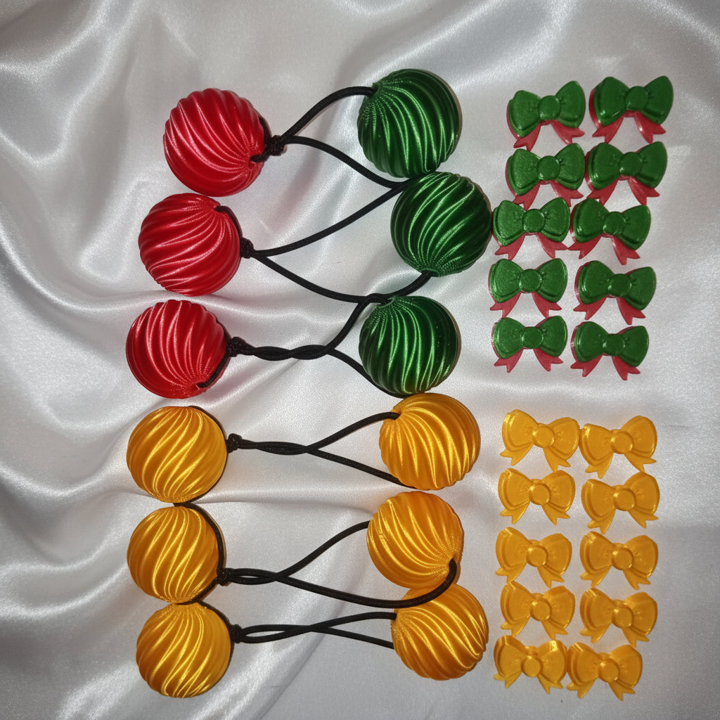 Small. swirl drop ponytail holder Beadette set (gold, green, red)